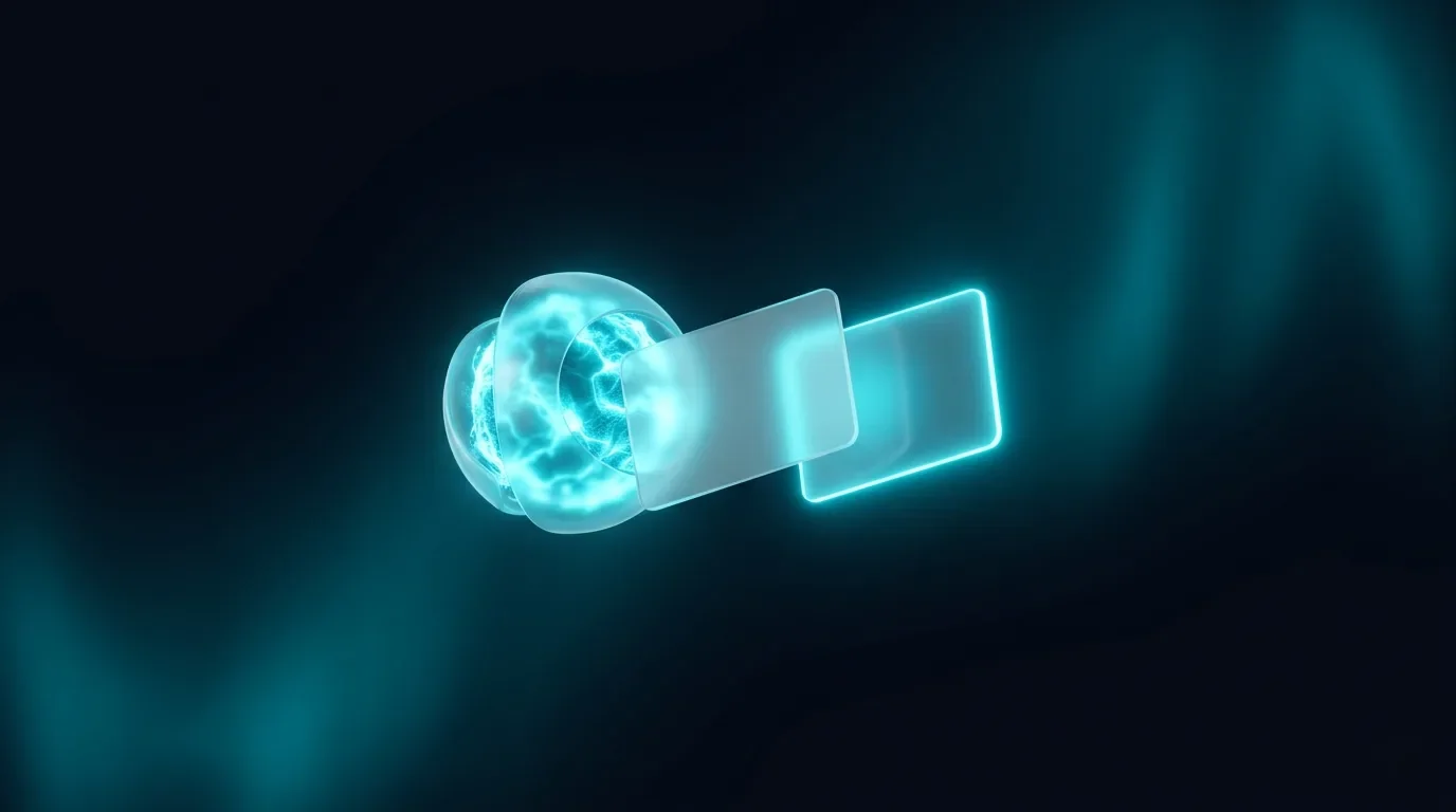 A glowing cyan AI orb hands off a luminous card to a second card pulsing with a cyan one-tap confirm indicator — the owner-mediated booking handoff