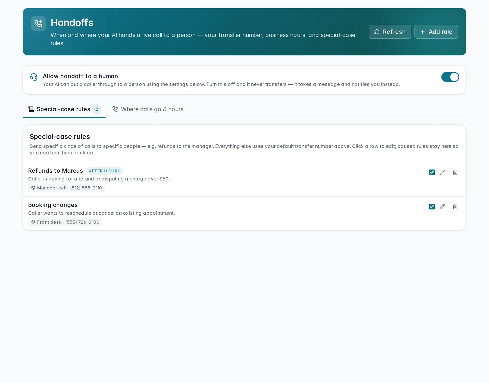Handoffs — the 'Allow handoff to a human' master switch plus special-case transfer rules.