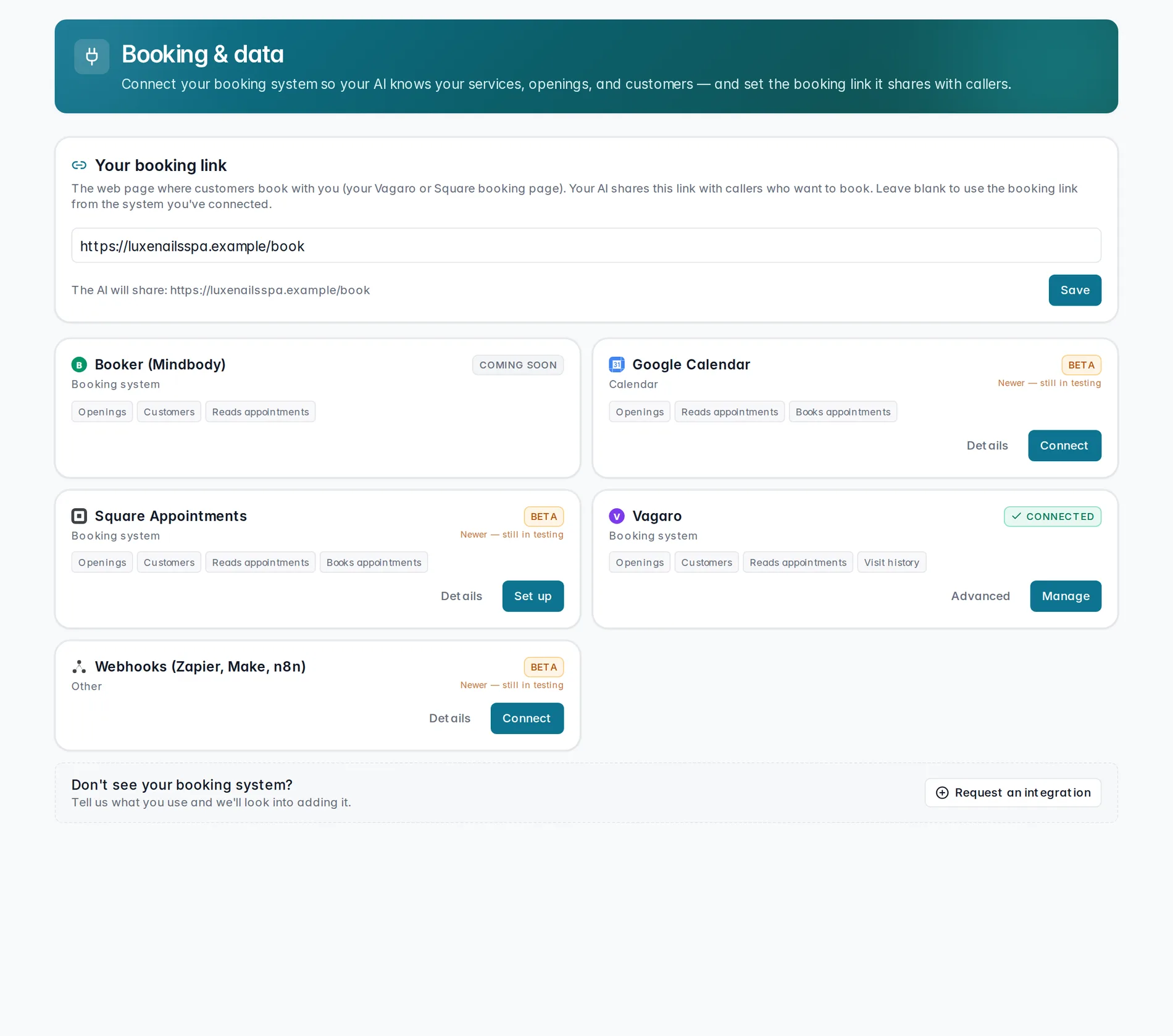 Booking & data — a connected Vagaro integration and the Square integration available to connect.