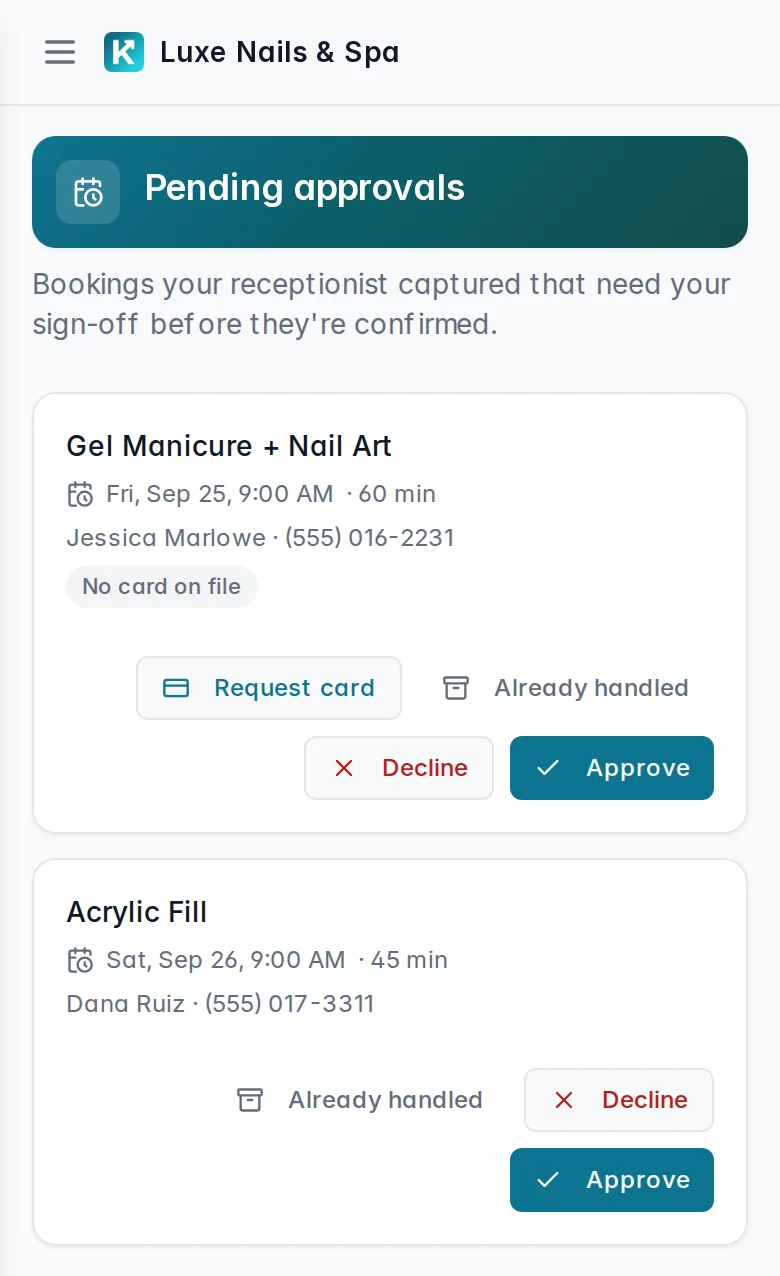 The Pending approvals screen in the KlevaDesk app: a gel manicure via Square and an acrylic fill via Vagaro, each with Approve and Decline, and a Request card button on the Square booking.