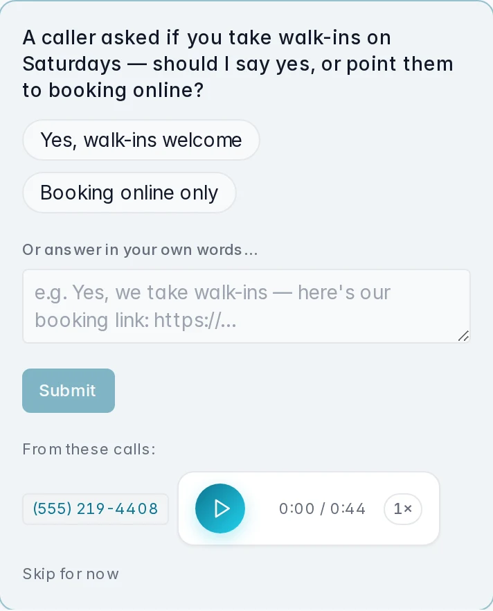 A Coach question in the KlevaDesk app: a caller asked about Saturday walk-ins, and the owner can answer Yes, walk-ins welcome, or Booking online only, with the call attached.