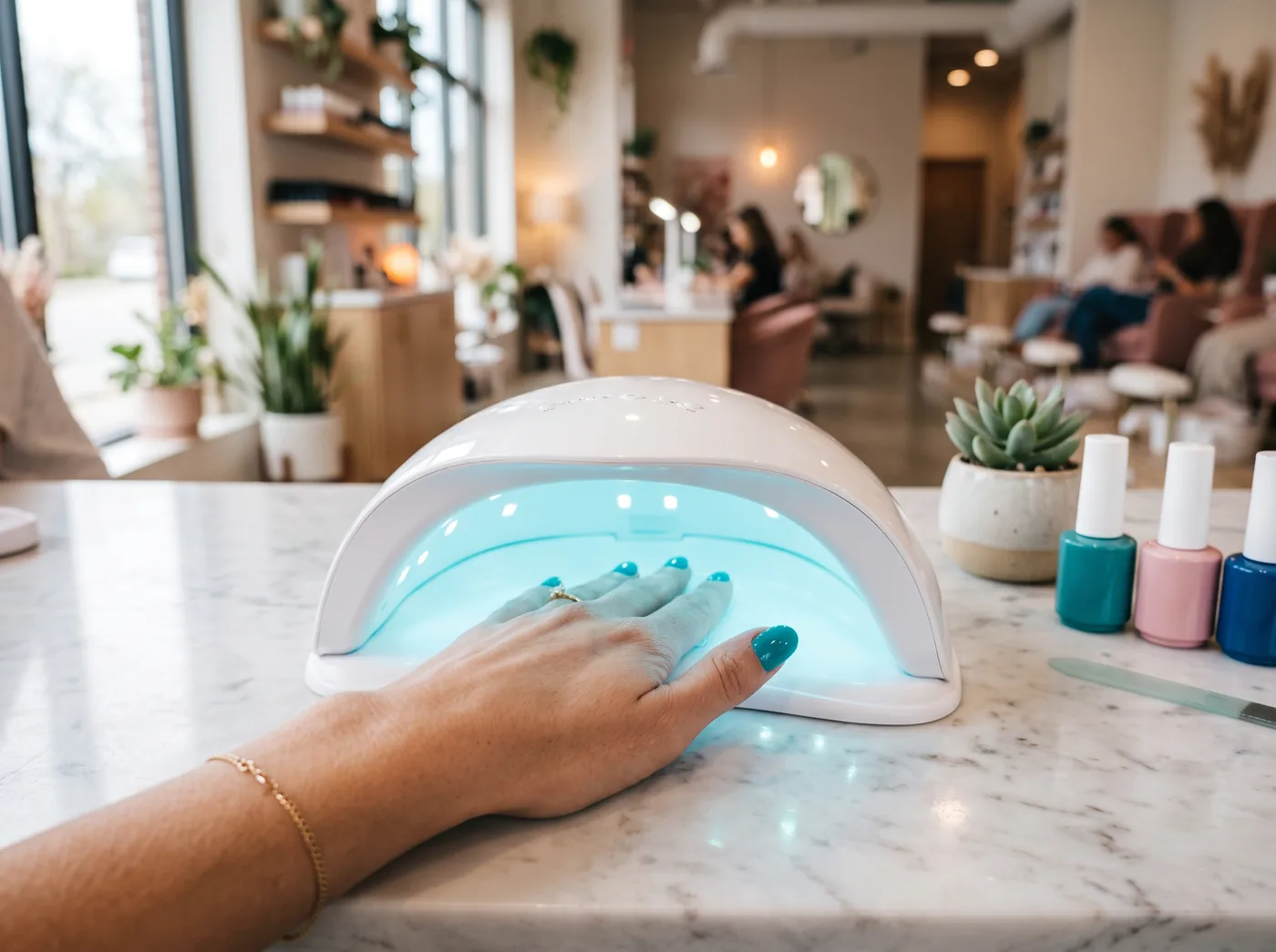 A client's hand with fresh teal gel nails curing under a UV/LED lamp at a salon station
